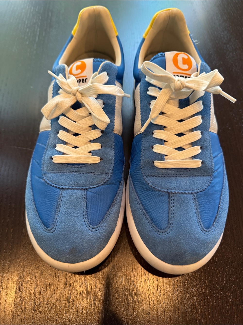 Camper Blue and White Low-Profile Sneakers with Yellow Heel